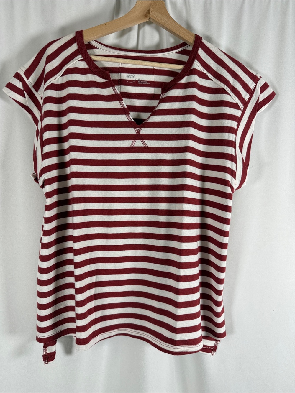 aerie Burgundy & White Striped V-Neck Short Sleeve Top